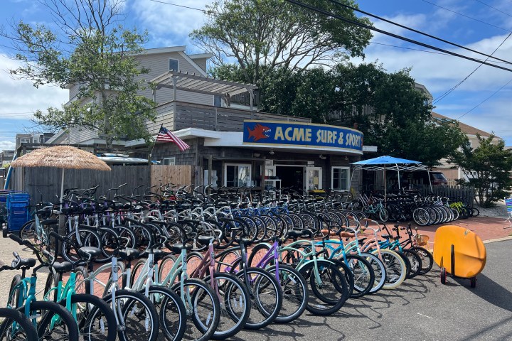 Bicycles lined up outside Acme Surf & Sport shop under a clear sky.