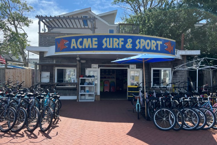 Bike rental shop with a sign reading 'Acme Surf & Sport' and bicycles outside.