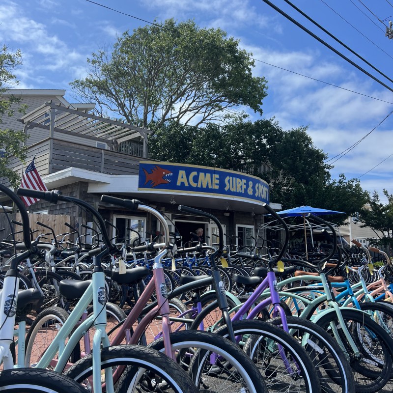 Bicycles parked in front of ACME Surf & Sport shop under a sunny sky.