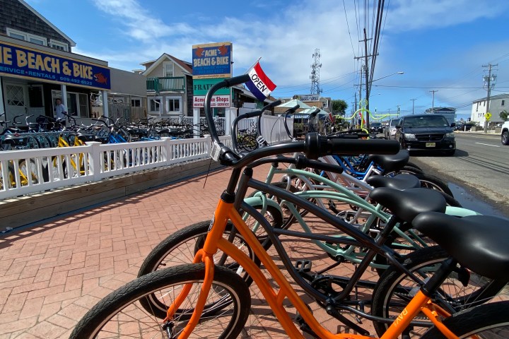 Row of bicycles outside a bike rental shop on a sunny day.