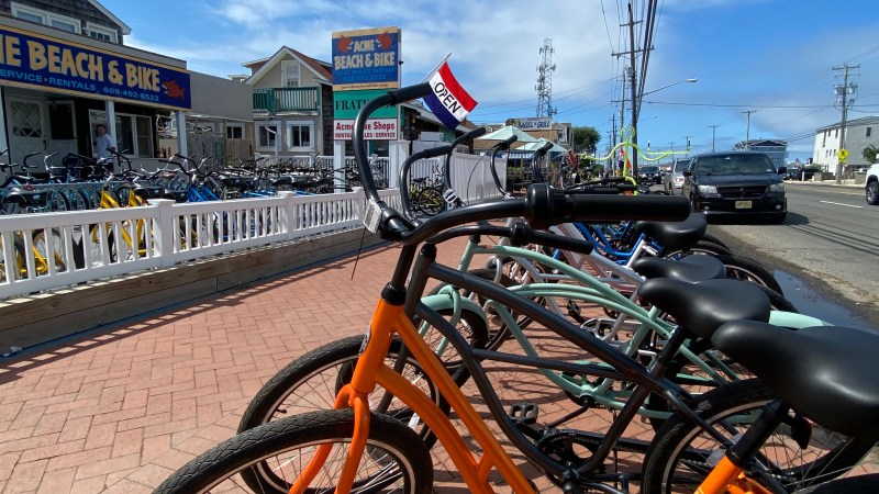 Row of bicycles outside a bike rental shop on a sunny day.